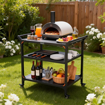 Îlot de cuisine 32 po x 24 po avec îlot de cuisine extérieur et four à pizza, chariot de préparation pour îlot de barbecue extérieur avec rangement à 3 niveaux et roulettes