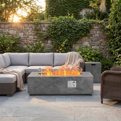 42" Woodgrain Propane Gas Fire Pit Table 50,000 Btu With Lid, Waterproof Cover And Tank Storage Table