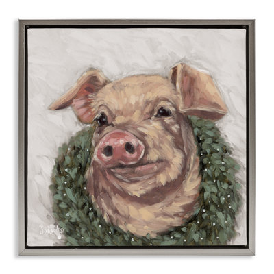Pig with Holiday Wreath Canvas Wall Art by Sara G. Designs
