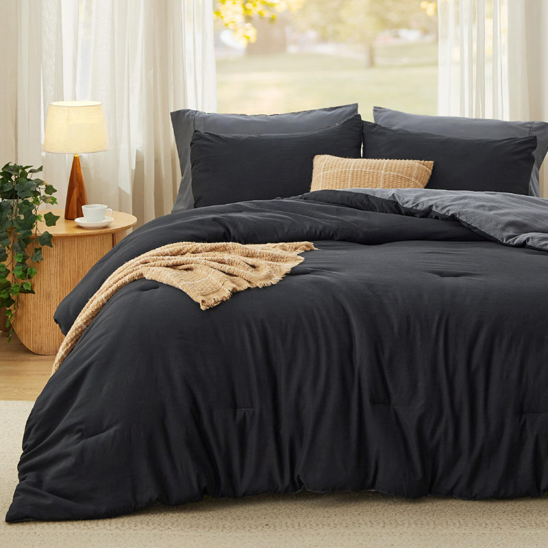 Bedsure Reversible Prewashed Comforter Set, King Comforter + 2 Standard Pillowcases, Black/Grey