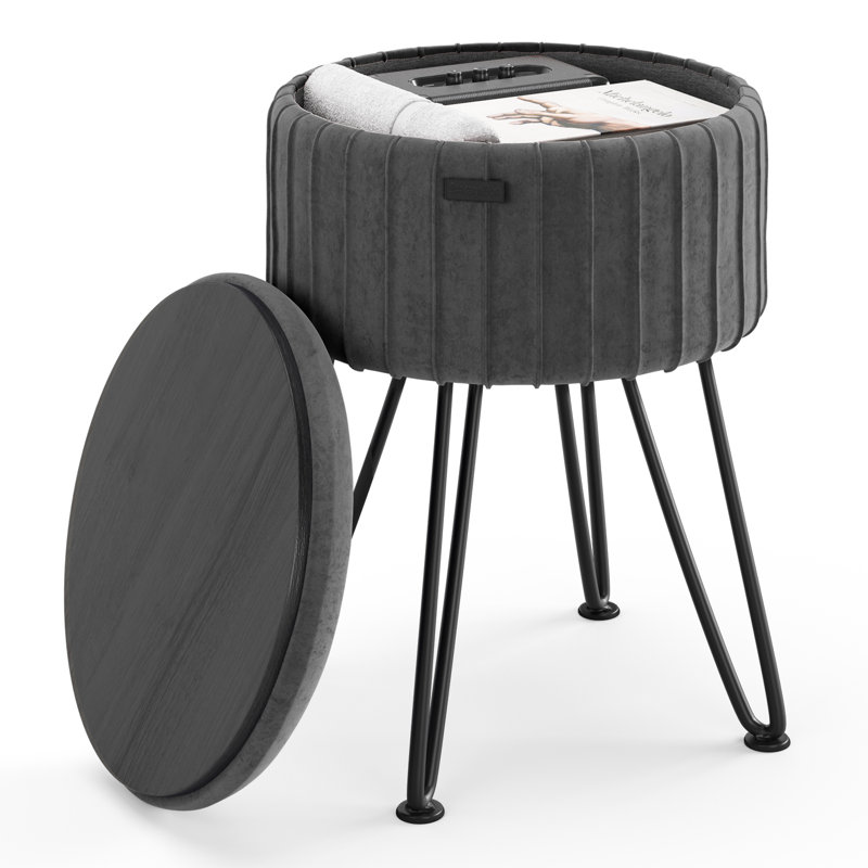 Repose-pieds rond en velours plissé avec rangement, Gris, Noir, noir, noir, noir