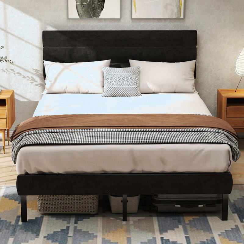 Queen Size Upholstered Platform Bed Frame - With Headboard, Black, Queen