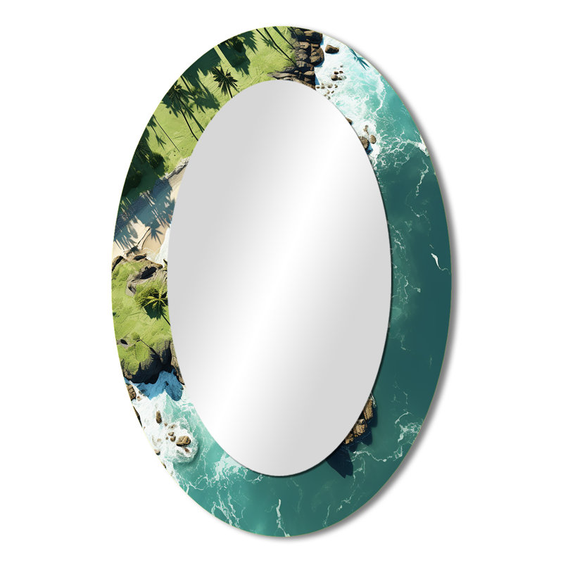 Vue aérienne de l'île tropicale I - miroir mural ovale vert côtier, 36 po x 24 po