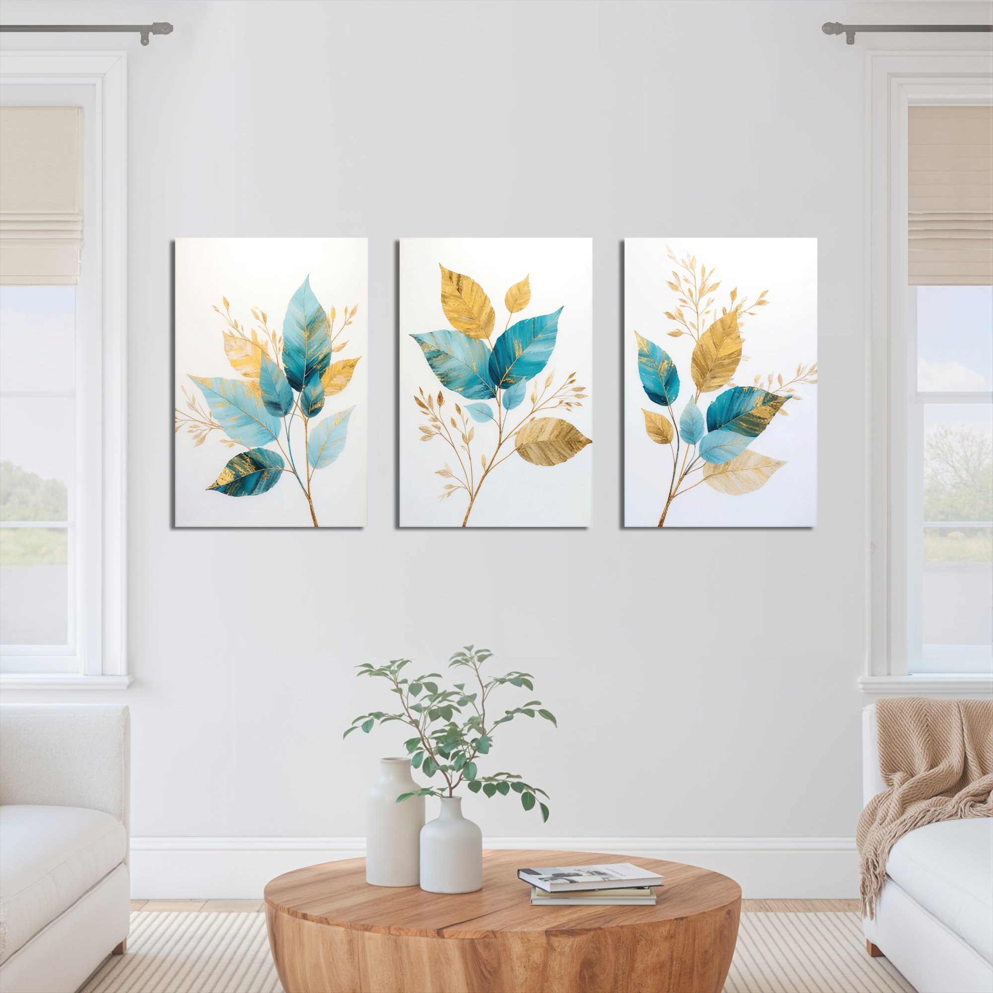 Mercer41 Teal and Gold Leaf Botanical Canvas Wrapped Wall Art, Modern ...