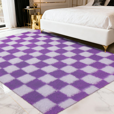 Plush Checkered Shag Area Rug - Soft Fluffy Purple Grid Fleece Carpet for Living Room, Bedroom, Dry-Clean Only, High-Pile Shaggy Rug with Modern Checkerboard Pattern, Cozy Non-Slip Floor Decor for Contemporary Home Spaces