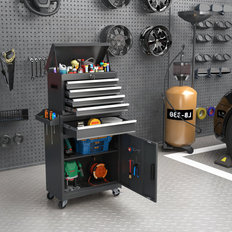 Coffre à outils, coffre à outils roulant à 5 tiroirs avec système de verrouillage et plateau amovible, tiroirs pour atelier de réparation de garage