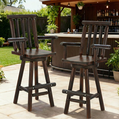  Solid Wood Swivel Adirondack Bar Chairs Set Of 2, Outdoor Bar Height Barstools Chairs Set With High Back And Footrest, 29.8" High Top Chair For Deck Pub Garden, 500 Lbs Capacity, Carbonized