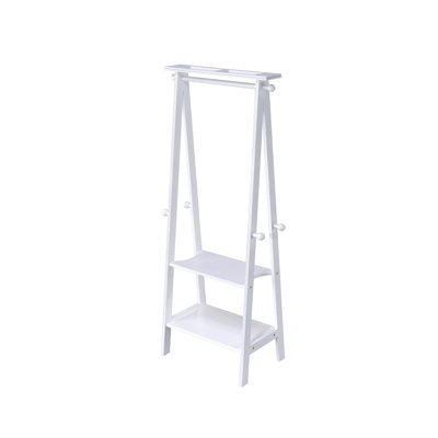 59" White Wood Standing Coat Rack with Shelves and Hanging Rod