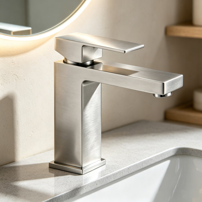 Single Handle Square Bathroom Sink Faucet, One Hole Deck Mount Basin Faucet with Ceramic Cartridge for Bathroom Vanity