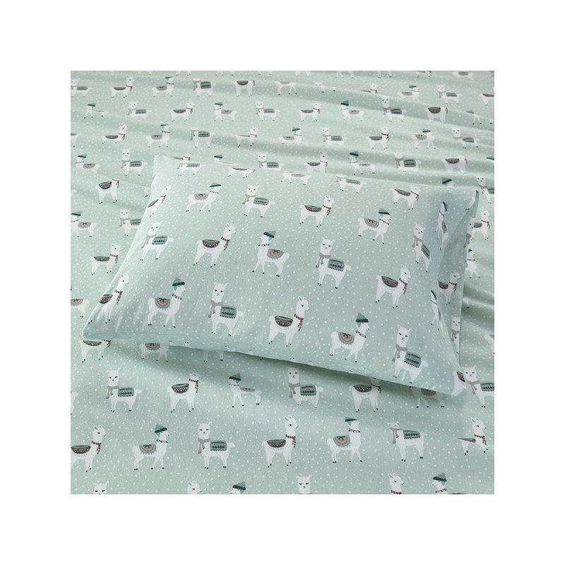 Cozy Flannel 100% Cotton Sheet Set, Queen Sheet Set with 2 Pillowcases, Seafoam Llama
