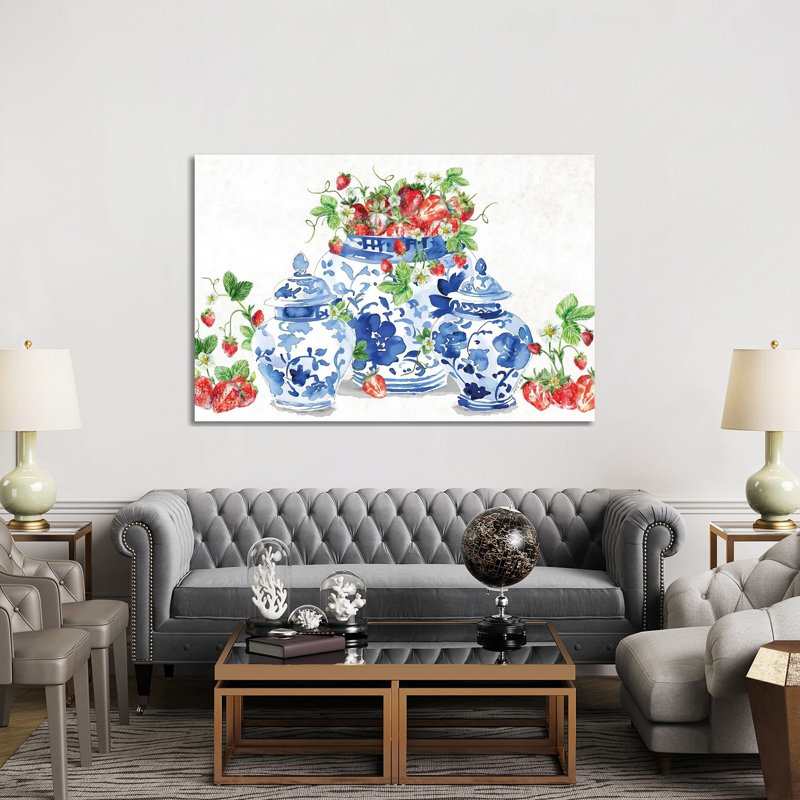 Ginger Jars And Strawberries - reproduction d'art murale - toile tendue, 60" x 40", Gallery Wrapped Canvas, No Frame