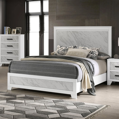 Contemporary White Color 1Pc Queen Size Bed Beautiful Faux Marble Look Panel HB FB Bedroom Furniture