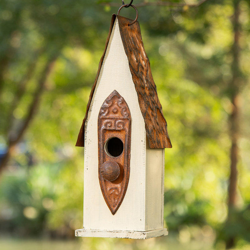 Strader 13.25'' H x 13.25'' W x 4.25'' D Weather Resistant Birdhouse, White/Brown