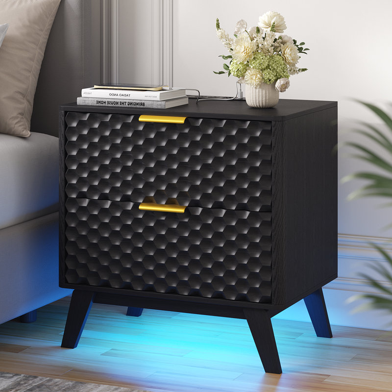 23.6'' W 2-Drawer Nightstand With Built-In Outlets And Human Sensor Light, Black