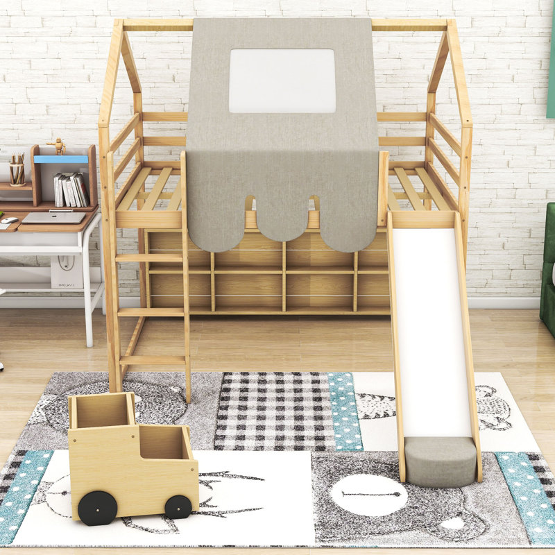 Artia Playful Loft Bed With Slide, Staircase, Natural/Beige, Full