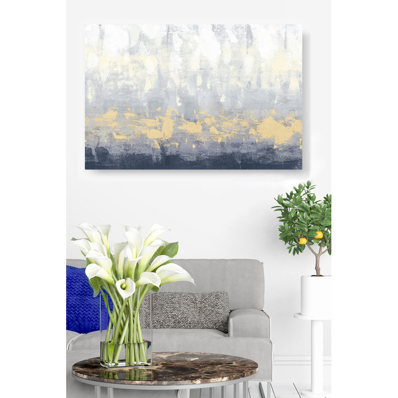 Pluie abstraite, blanc à bleu marine, blanc, crème, or, brun clair, H 24 po x l 48 po x P 1,5 po
