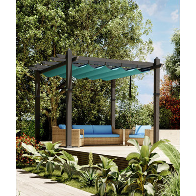 10x10 Aluminum Pergola with Adjustable Louvered Roof & Retractable Canopy, Wood Grain Metal Gazebo for Backyard, Deck, Garden, Easy Assembly Patio Shade Structure