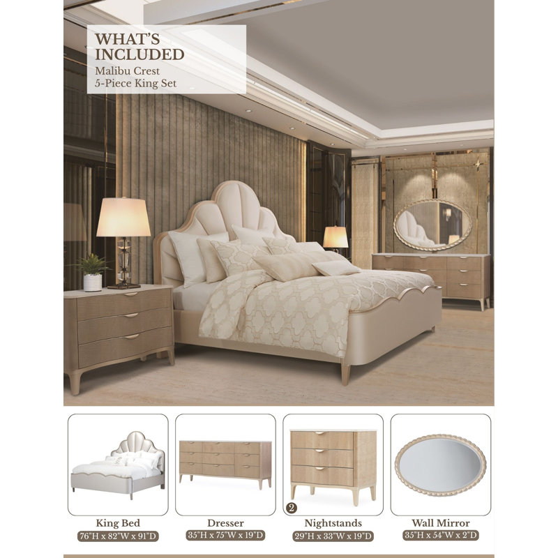 Malibu Crest Upholstered Standard 5 Piece Bedroom Set, King