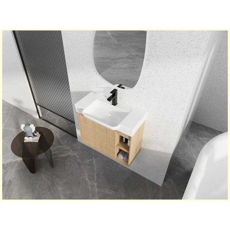 Meuble-lavabo mural 28 po avec lavabo en céramique blanche et porte à fermeture en douceur, emballage KD, Chêne