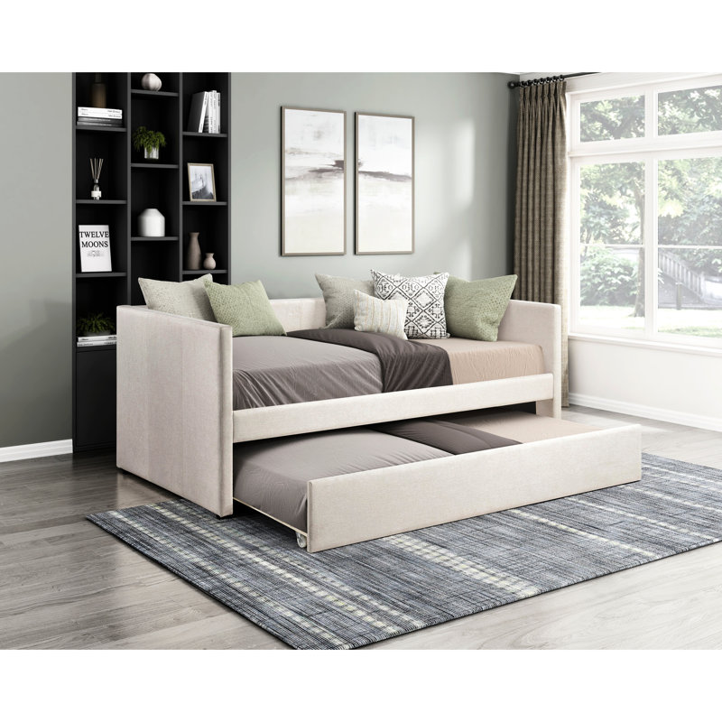 Lit de jour moderne avec couchette en tissu beige charmant et structure en bois doux, Beige