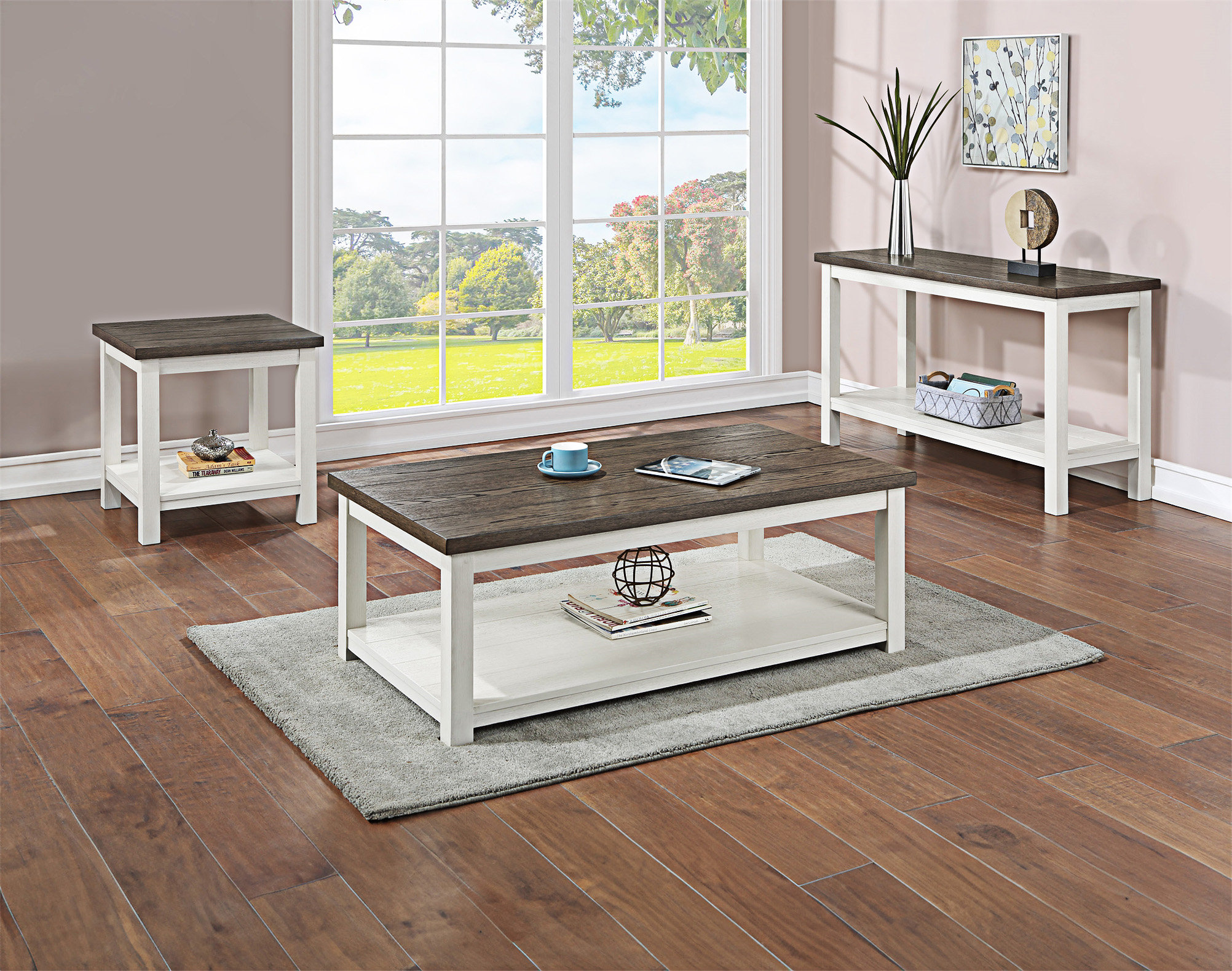 Gracie Oaks 3Pc Farmhouse Style Coffee Table Sofa Table End Table With ...