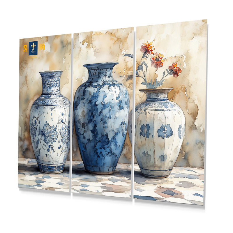 Ensemble de décorations murales «Blue Stately Vases II - Morocco Pottery», Métal métal, H 28 po x l 36 po x P 1 po