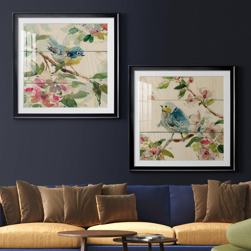 «Birds and Blossoms I», ensemble de 2 reproductions d'art encadrées, H 30,5 po x l 61 po, Toile encadrée avec passe-partout