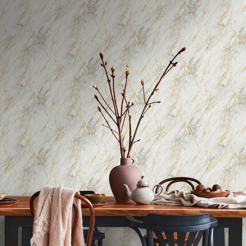 Bricks and More Collection Metallic Marble Motif Wallpaper Roll, White/Gold/Silver