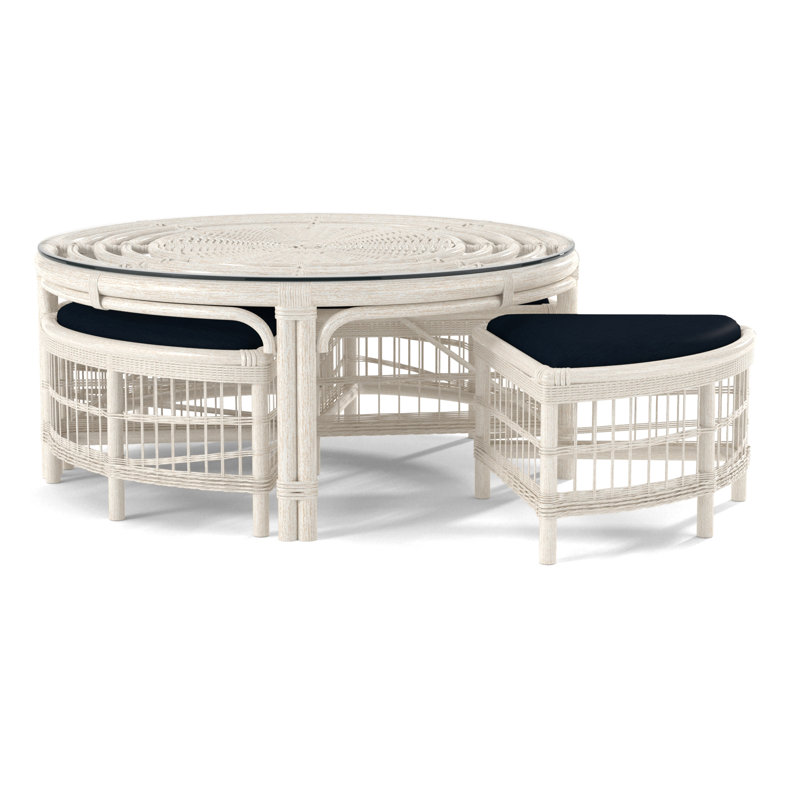 Raffles Rattan Cocktail Table with Benches, Antique Frost White, Eggshell Crypton Performance; 0884-93