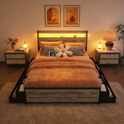 Bed With Storage Headboard And 12 Drawers With Led Lights, Metal Platform With Anti-Slip And Noiseless Mattress Support