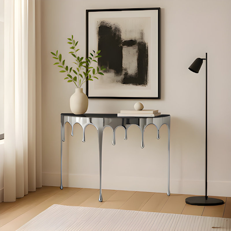 Console Capri | Plateau en verre 36,25 po demi-lune | Conception goutte à goutte | Fonte d'aluminium, Argent