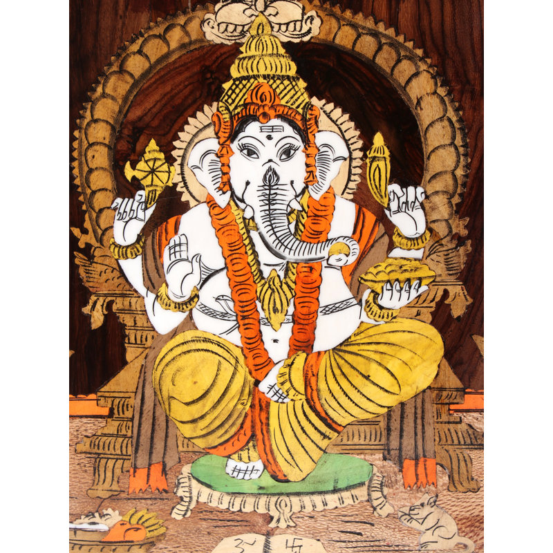 30 "peint à la main couleur naturelle Lakshmi, Ganesha et Saraswati sur panneau de bois - Divinité de la trinité indienne traditionnelle