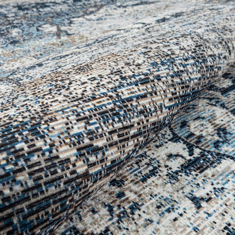 GLN Rugs Vintage Collection - Machine Washable Area Rug, Vintage Washable Rug, Non Slip Area Rug, Low Pile Living Room Rug, Bedroom Rug, Bathroom Rug - Easy Clean (Navy Blue and Gray Rug)