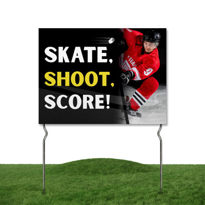 Glace rapide, objectifs rapides! Yard Sign par DC | Enseigne de jardin de hockey sur glace 24 po x 18 po à double face avec piquets en métal 13 po | Panneaux d'extérieur imperméables pour la pelouse, le patio, le trottoir et la maison | Ensemble de 1 