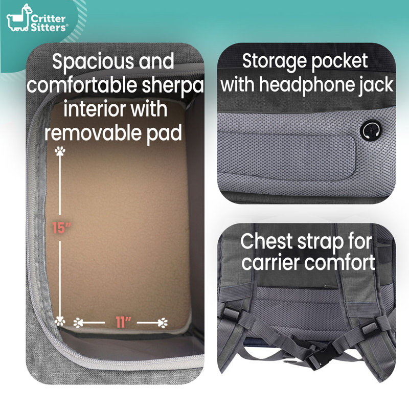 Critter Sitters Light Grey Dog Backpack for Small Dogs, Cats, Scratch Resistant, Breathable