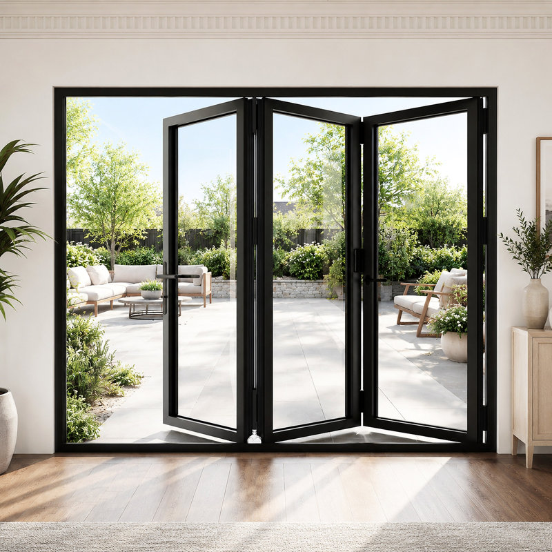 Porte pliante en aluminium pliable à gauche en verre noir l 96 po x H 96 po (3 + 0), Noir