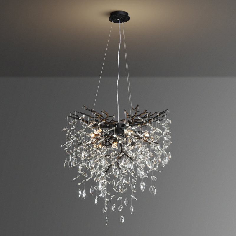 Lustre moderne en cristal chromé à 8 lumières avec une branche d'arbre, Noir mat, H 27,56 po x l 23,62 po x P 23,62 po