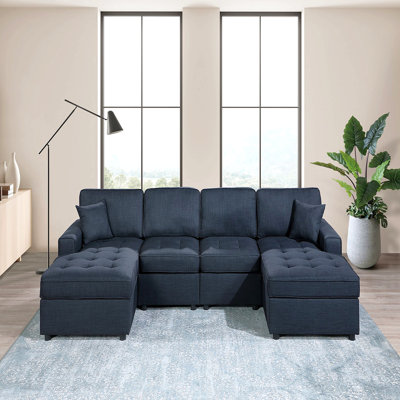 Contemporary Style Sectional Sofa Set Raf And Laf Chaise Armless Chairs Dark Blue Color Dorris Fabric Tufted Couch Pillows Living Room