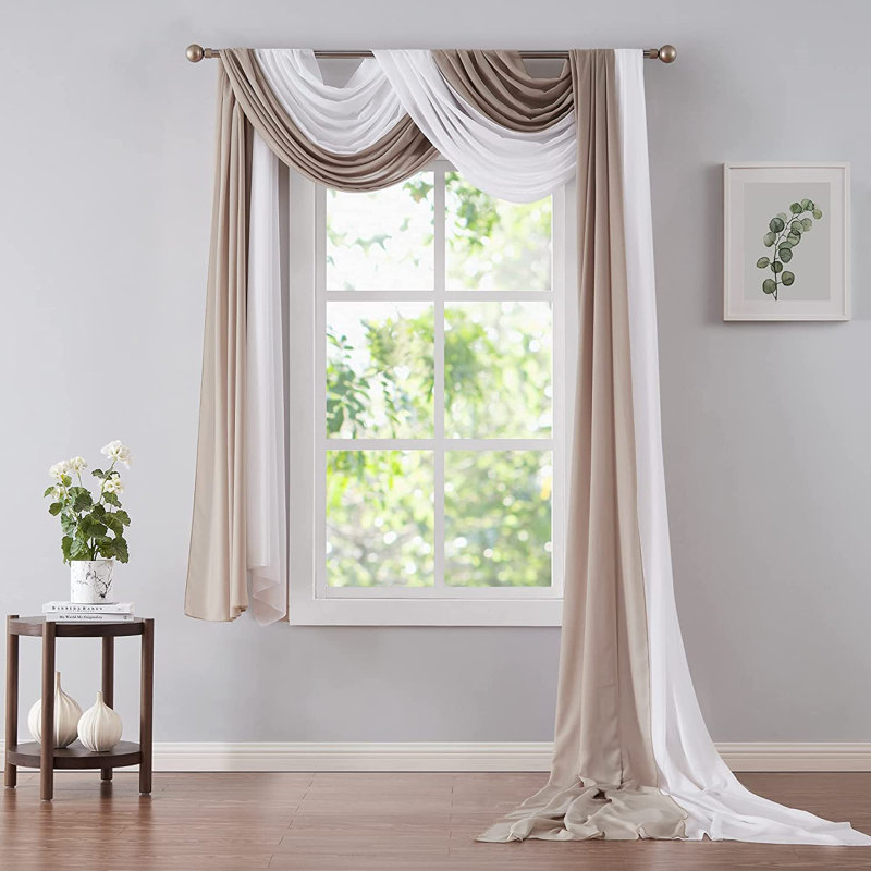 Candida Sateen Sheer Window Scarf Pair, 35" W X 216" L, White/Nude