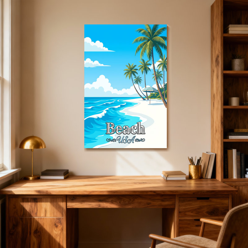 Scénario et paysages urbains Plage Palmiers Océan Ciel Parasol Sable Vagues Soleil, H 36 po x l 24 po