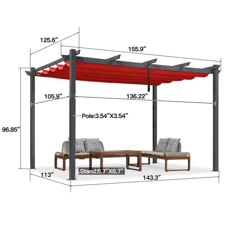 Pergola en aluminium avec auvent, Rouge, H 8 pi x l 13 pi x P 11 pi