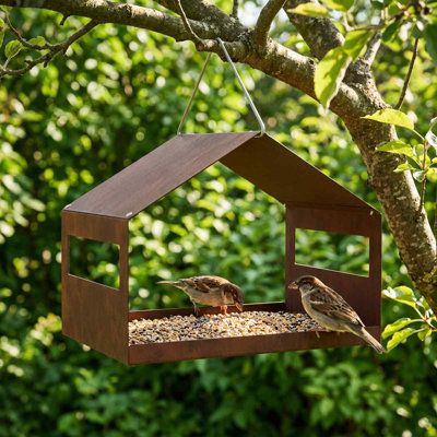 Mangeoire suspendue pour oiseaux, acier Corten rouillé, 30 x 23 x 23 cm