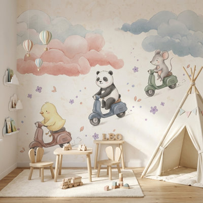 Mignon animaux, papier peint scooters amovible, décoration murale pastel