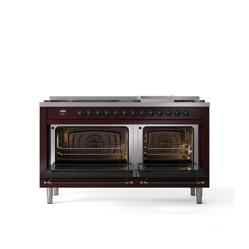 ILVE Nostalgie II 60 Dual Fuel Range, 9 Burners, Griddle, Burgundy/Bronze, Natural Gas