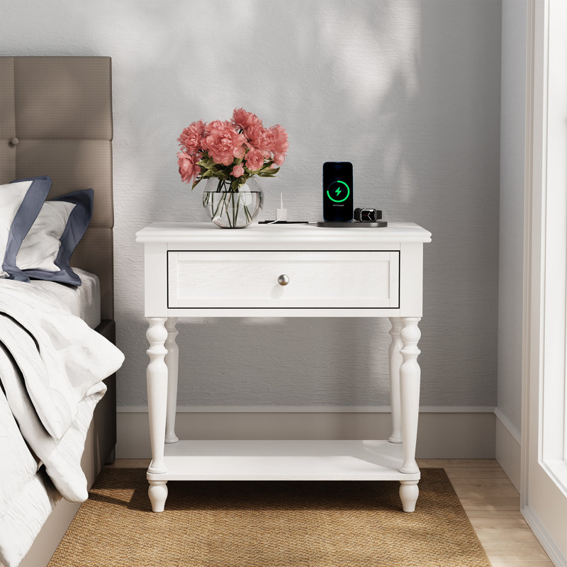 Solid Wood Nightstand With Drawer, Open Shelf, 2 Power Outlets, 1 USB Port, and 1 Type-C Port, White