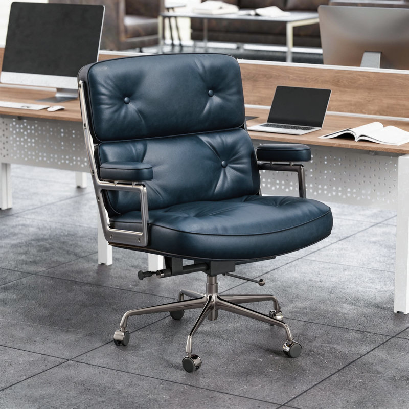 Chaise de bureau pivotante en cuir véritable avec base en aluminium, Bleu