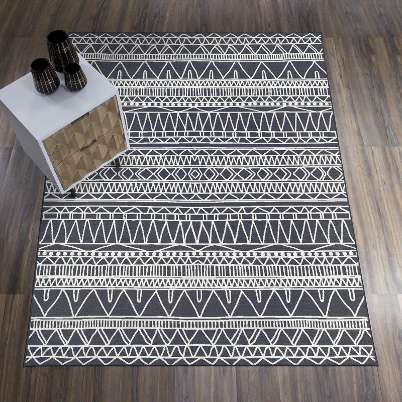 Chelsea Tribal Aztec Black Performance Flatweave Washable Geometric Indoor / Outdoor Rug, Rectangle 5' x 7'