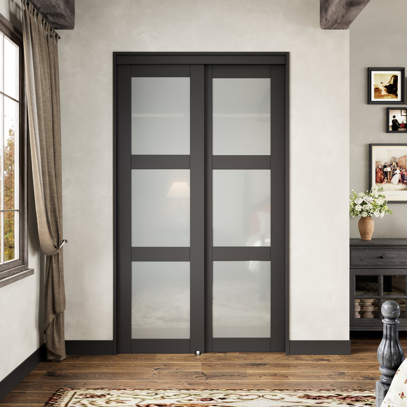 Black 80 in. 3 Lite Forsted Glasses  Pantry & Closet Sliding Doors With Hardware Kit  (No assembly required), 48" x 80"