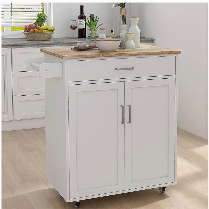 Rubberwood kitchen island trolley with adjustable shelf and towel rack