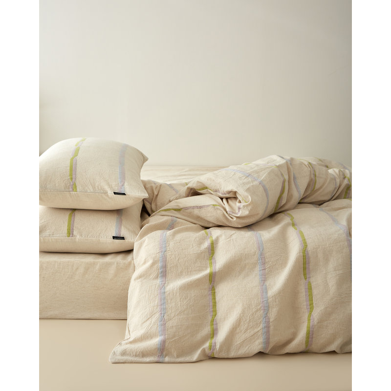 Ensemble de housse de couette à rayures en lin et coton vert Faith, Housse de couette grand et 2 taies d'oreiller